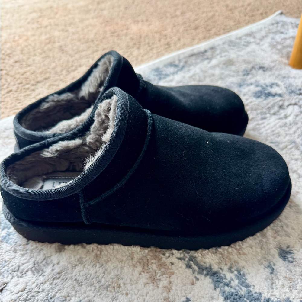 UGG Black Suede Fur-Lined Slip-Ons